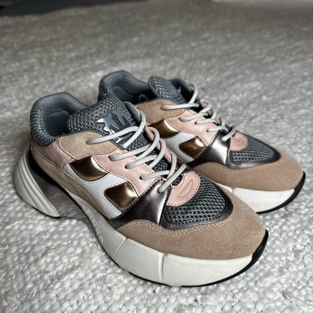 Pinko Women's Sneakers in Pink, Gold, and Gray